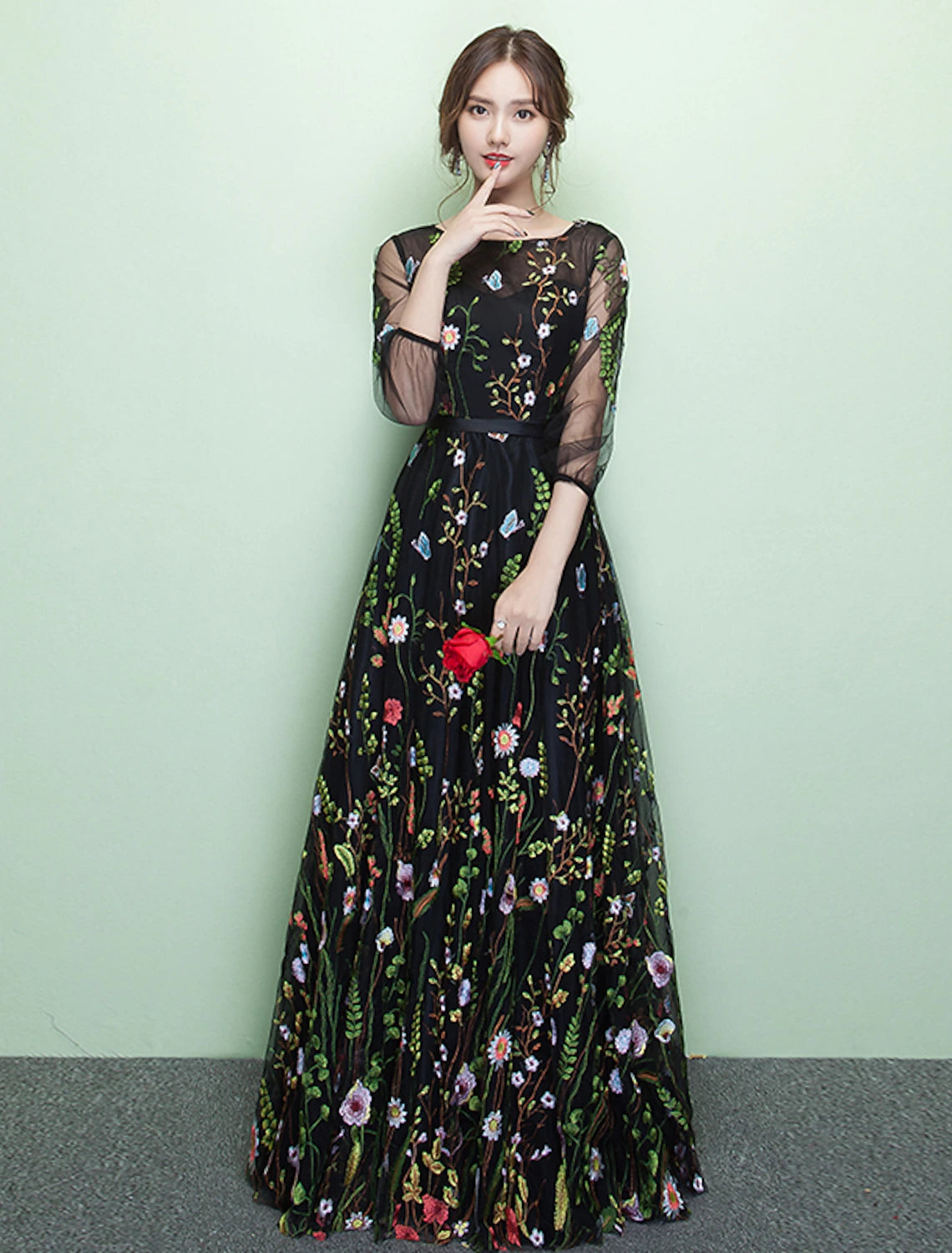 Abito da sera formale elegante a trapezio, scintillante e brillante, con scollo gioiello, maniche a 3/4, lunghezza pavimento, pizzo con ricamo